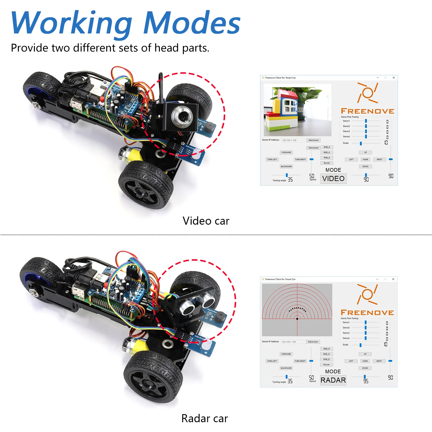 Freenove Three-Wheeled Smart Car Kit for Raspberry Pi 5 4 B 3 B+ B A+, Video Mode, Radar Mode, App Control, Ultrasonic Distance Sensor, Camera, Servo - Image 3