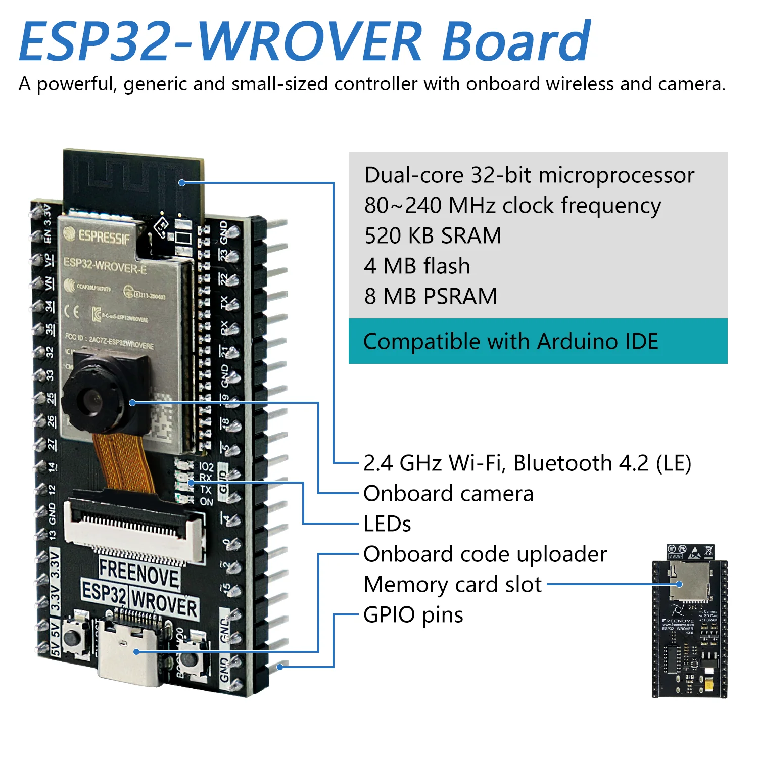 Freenove ESP32 CAM Camera Wi-Fi Bluetooth Board, Dual-core 32-bit 240 MHz Microcontroller, Python C Code, Example Projects Tutorial - Image 3