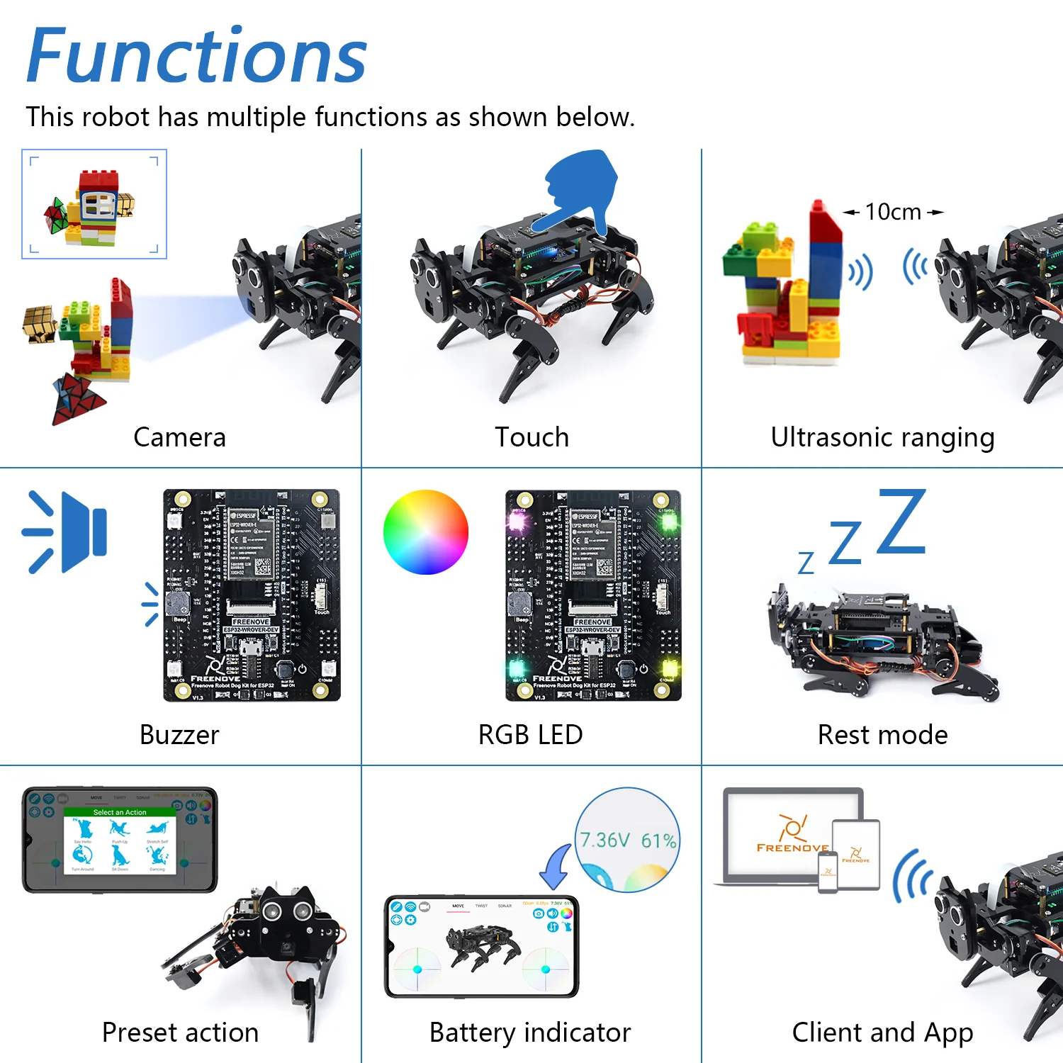 Freenove Robot Dog Kit for ESP32 CAM Camera Wi-Fi Bluetooth, Dual-core 32-bit 240 MHz Microcontroller, Walking, Touch Sensor, Ultrasonic Ranging, Buzzer, RGB LED, Servo, App - Image 4