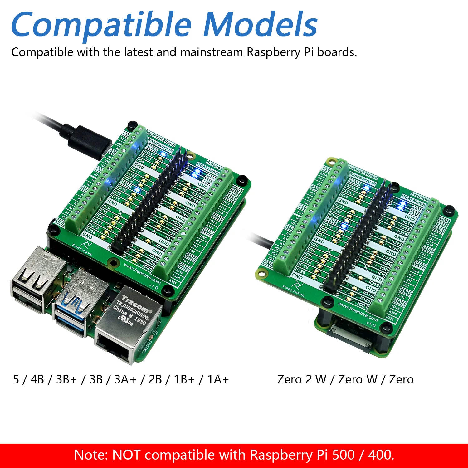 Freenove Breakout Board for Raspberry Pi 5 / 4B / 3B+ / 3B / 3A+ / 2B / 1B+ / 1A+ / Zero 2 W / Zero W / Zero, Terminal Block Shield HAT with Pin Header, GPIO Status LED - Image 6