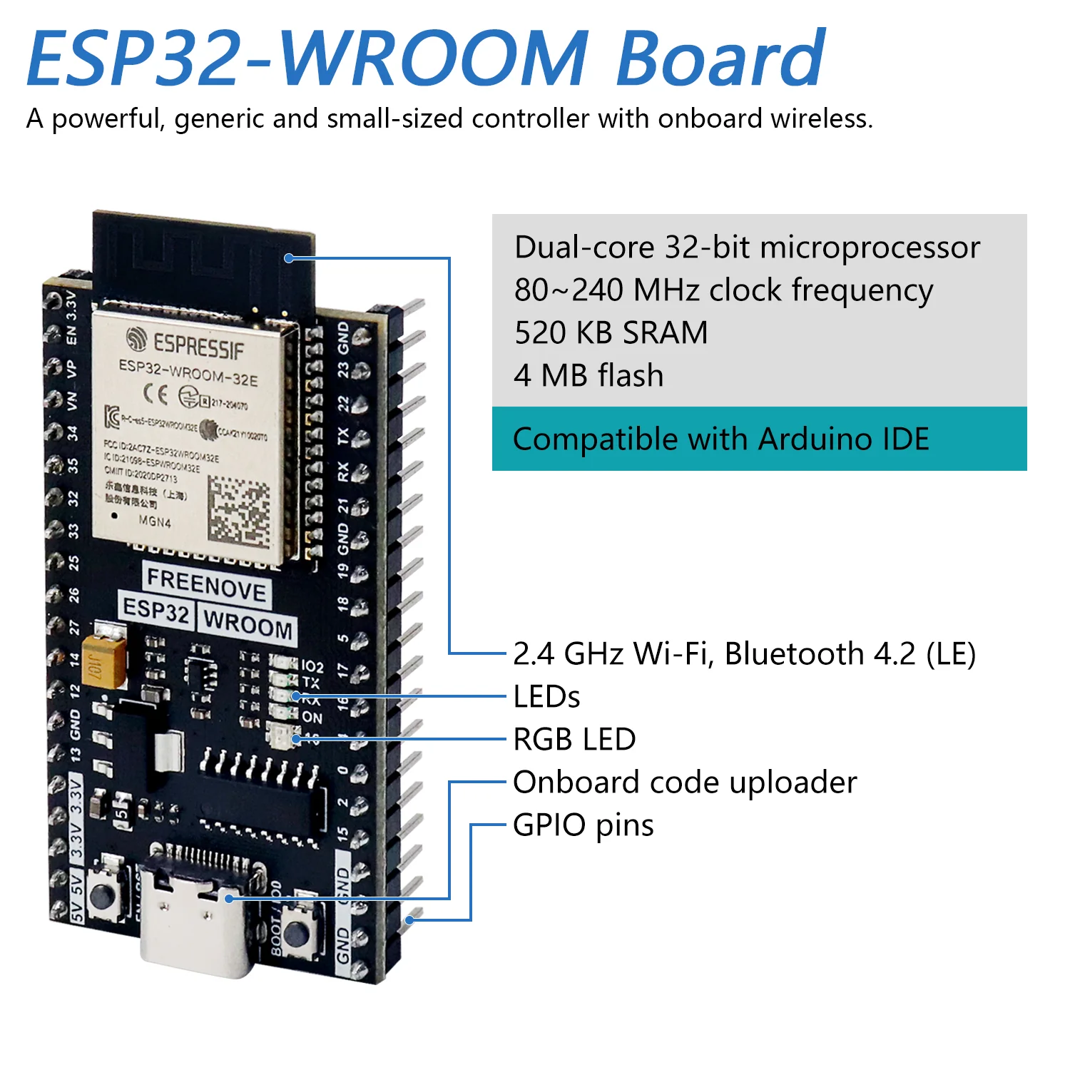 Freenove ESP32 Wi-Fi Bluetooth Board, Dual-core 32-bit 240 MHz Microcontroller, Python C Code, Example Projects Tutorial - Image 3