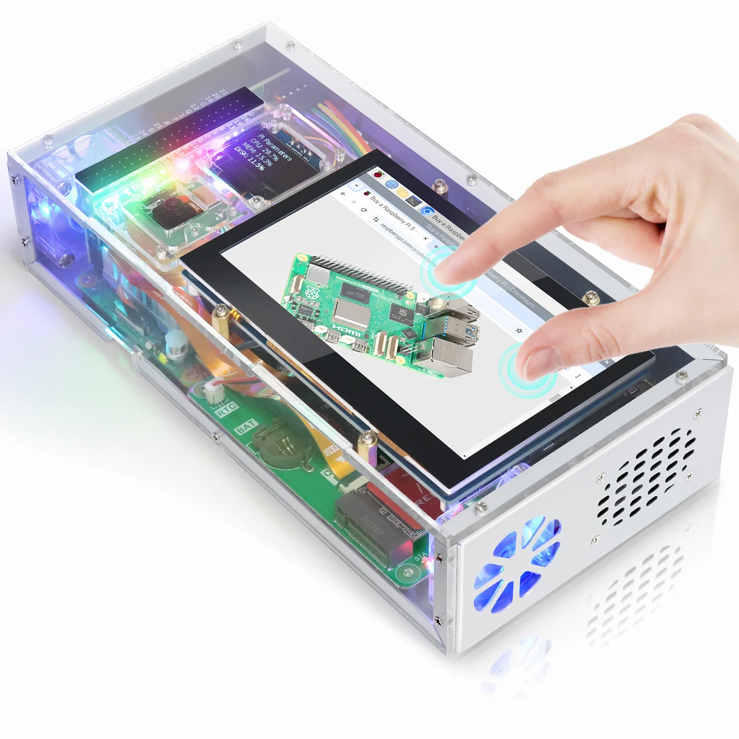 Freenove Computer Case Kit for Raspberry Pi 5, 128GB M.2 NVMe SSD, 4.3 Inch Touchscreen, 5 MP Camera, OLED Screen, Stereo Speakers, 3.5 mm and Optical Audio (S/PDIF)
