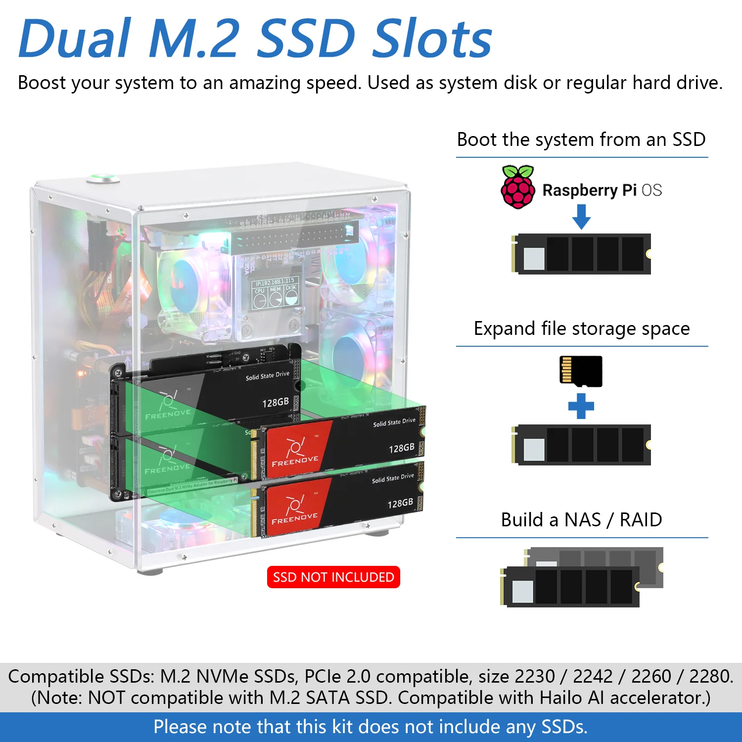 Freenove Raspberry Pi 5 Case Kit Pro, 1/2 M.2 NVMe SSD Slots, 5 PWM ARGB Fans, 0.96" OLED Screen, Stereo Speakers, 3.5 mm Audio - Image 8