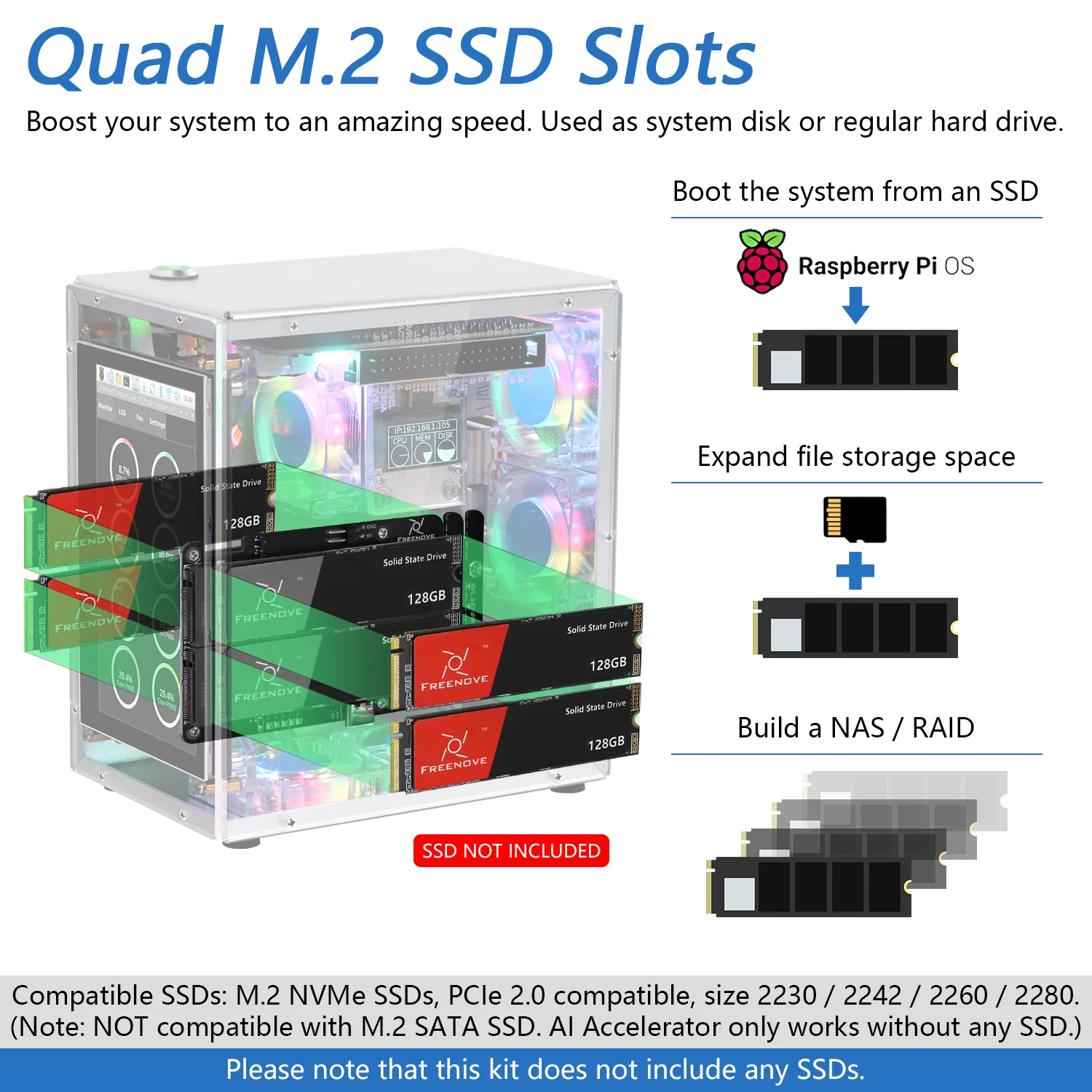 Freenove Raspberry Pi 5 Case Kit Pro, 2/4 M.2 NVMe SSD Slots, 5 PWM ARGB Fans, 4.3" Touchscreen, Stereo Speakers, 3.5 mm Audio - Image 8