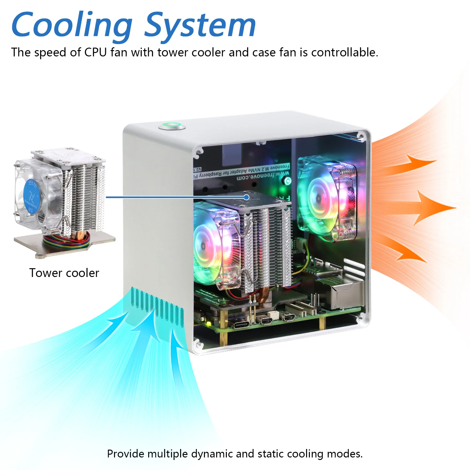 Freenove Raspberry Pi 5 Case Mini, 1/2 M.2 NVMe SSD Slots, PWM ARGB Fans Light Sync, Tower Cooler, Power Button, Setup Software - Image 4