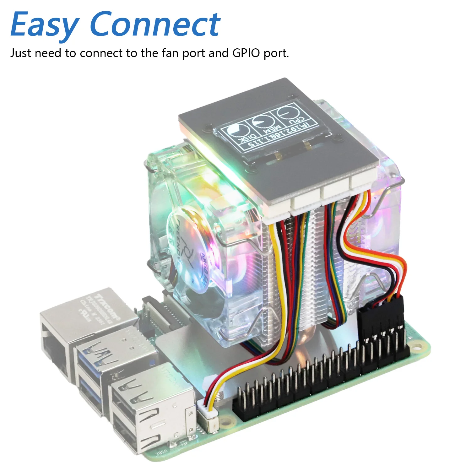 Freenove Active Cooler for Raspberry Pi 5 Heatsink, 1 / 2 PWM Fans ARGB Light Sync, OLED Screen, Multiple Cooling Lighting Modes - Image 3